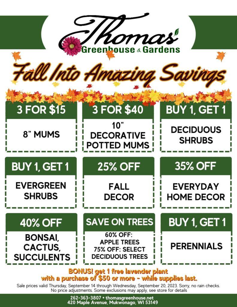 Thomas Greenhouse & Gardens Sales Flyer, week of Thursday, September 14
