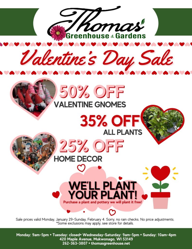 Thomas Greenhouse and Garden Center in Mukwonago. Valentine's Day Sale flyer.